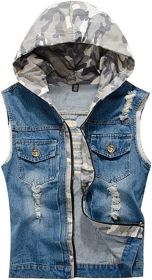 Men's Casual Ripped Hooded Denim Vest Camouflage Denim Sleeveless Vest Jacket (size: S)