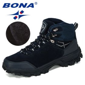 BONA New Designers Genuine Leather Hiking Shoes Winter Sneakers Men Mountain Man Tactical Hunting Footwear Plush Warm Shoes (Color: Deep blue S gray, size: 10.5)