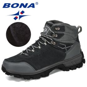 BONA New Designers Genuine Leather Hiking Shoes Winter Sneakers Men Mountain Man Tactical Hunting Footwear Plush Warm Shoes (Color: Dark grey S gray, size: 10.5)