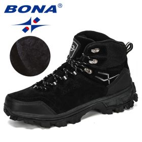 BONA New Designers Genuine Leather Hiking Shoes Winter Sneakers Men Mountain Man Tactical Hunting Footwear Plush Warm Shoes (Color: Black silver gray, size: 9.5)