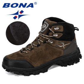 BONA New Designers Genuine Leather Hiking Shoes Winter Sneakers Men Mountain Man Tactical Hunting Footwear Plush Warm Shoes (Color: Brown, size: 8)