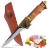 Qulajoy Boning Knife - Hand Forged Camping Knife 7Cr17MOV Blade - Dragon Head Handle And Leather Sheath - Unique Dragon Style - Viking Knife For Hunti